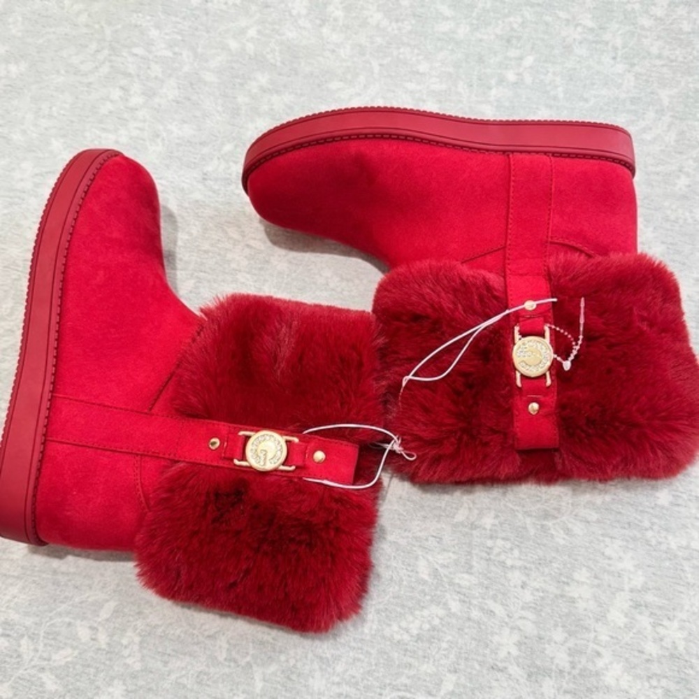 G by Guess Red Ankle Boots with Cozy Faux Fur Cuff